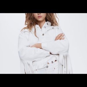 Zara White Oversizes Fringe Denim Jacket